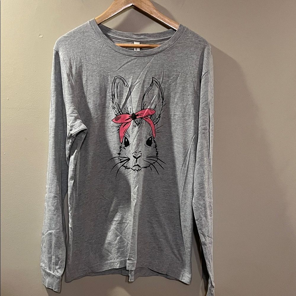 Bella Canvas Gray Long Sleeve with Pink Bunny Graphic